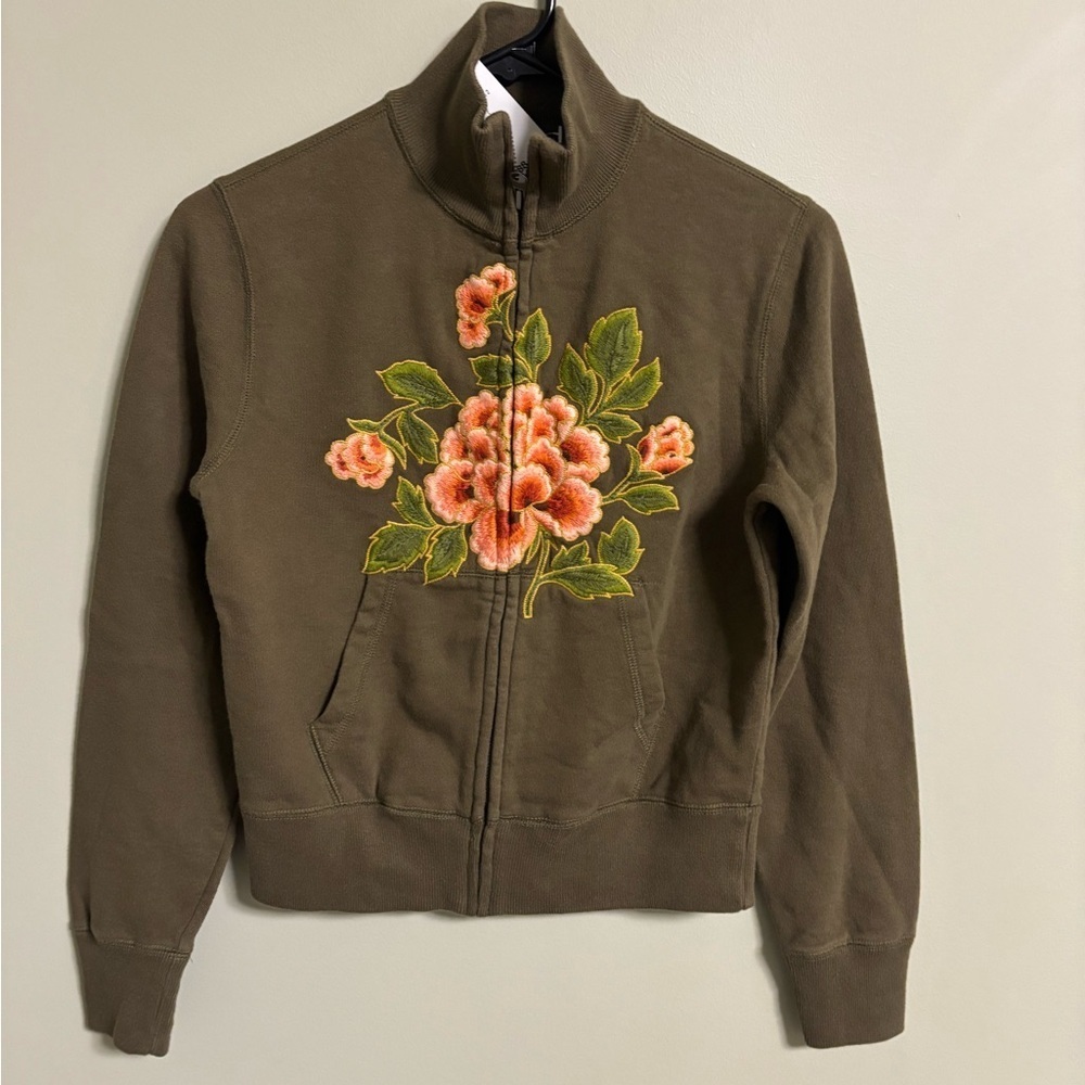 Lucky Brand Floral Flower Embroidered Full Zip Jacket Women Green Size XS New
